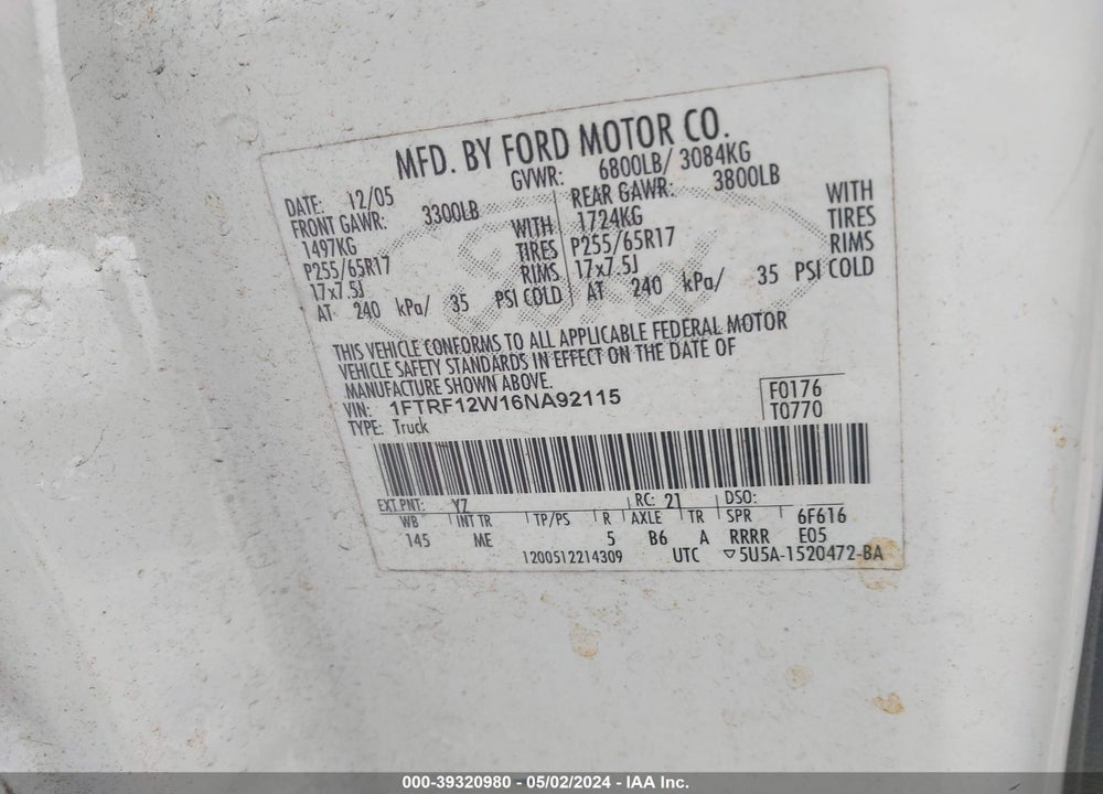 2006 FORD F-150 STX/XL/XLT VIN: 1FTRF12W16NA92115