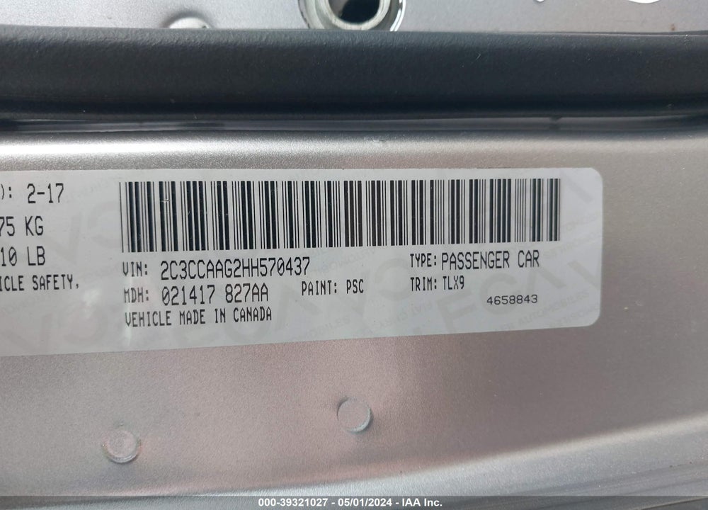 2017 CHRYSLER 300 LIMITED VIN: 2C3CCAAG2HH570437