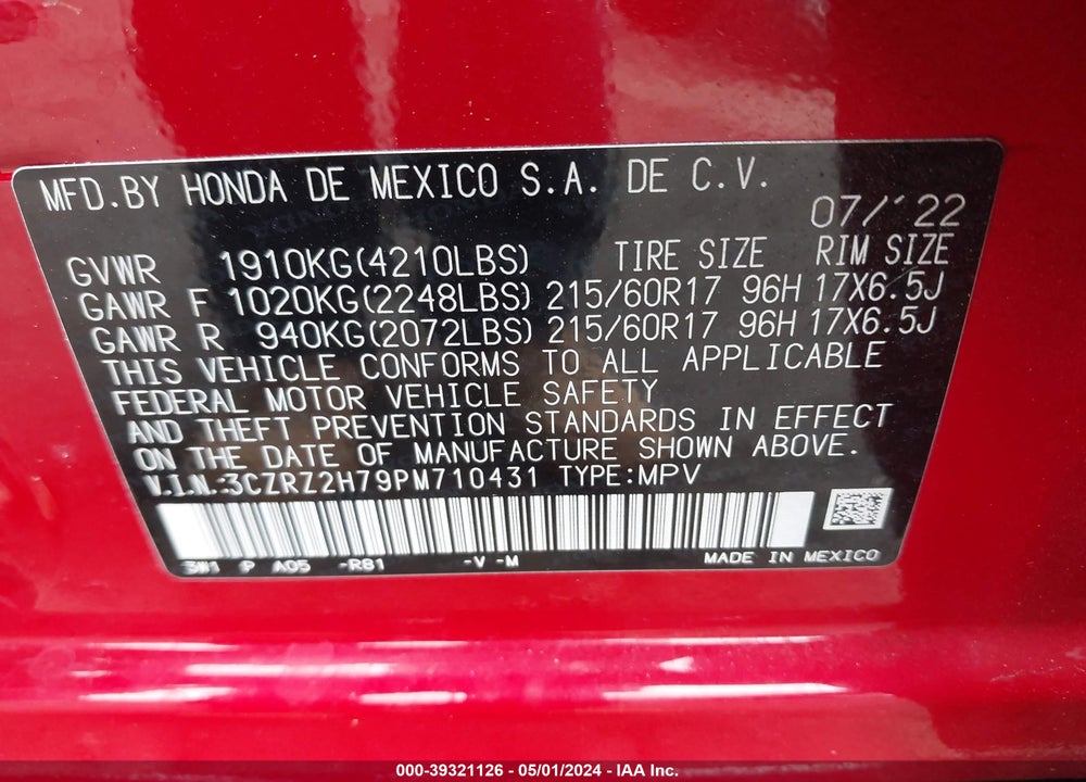 2023 HONDA HR-V AWD EX-L VIN: 3CZRZ2H79PM710431