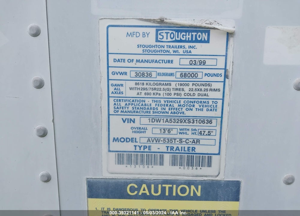 1999 STOUGHTON TRAILERS INC --- VIN: 1DW1A5329XS310636