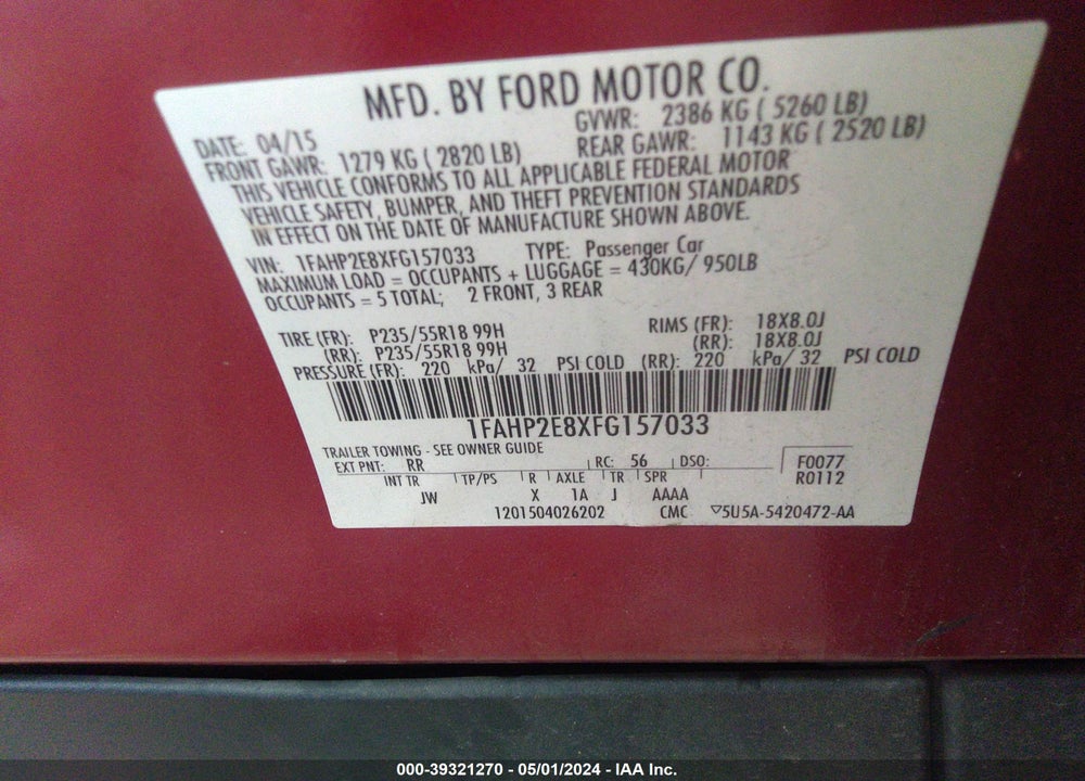 2015 FORD TAURUS SEL VIN: 1FAHP2E8XFG157033