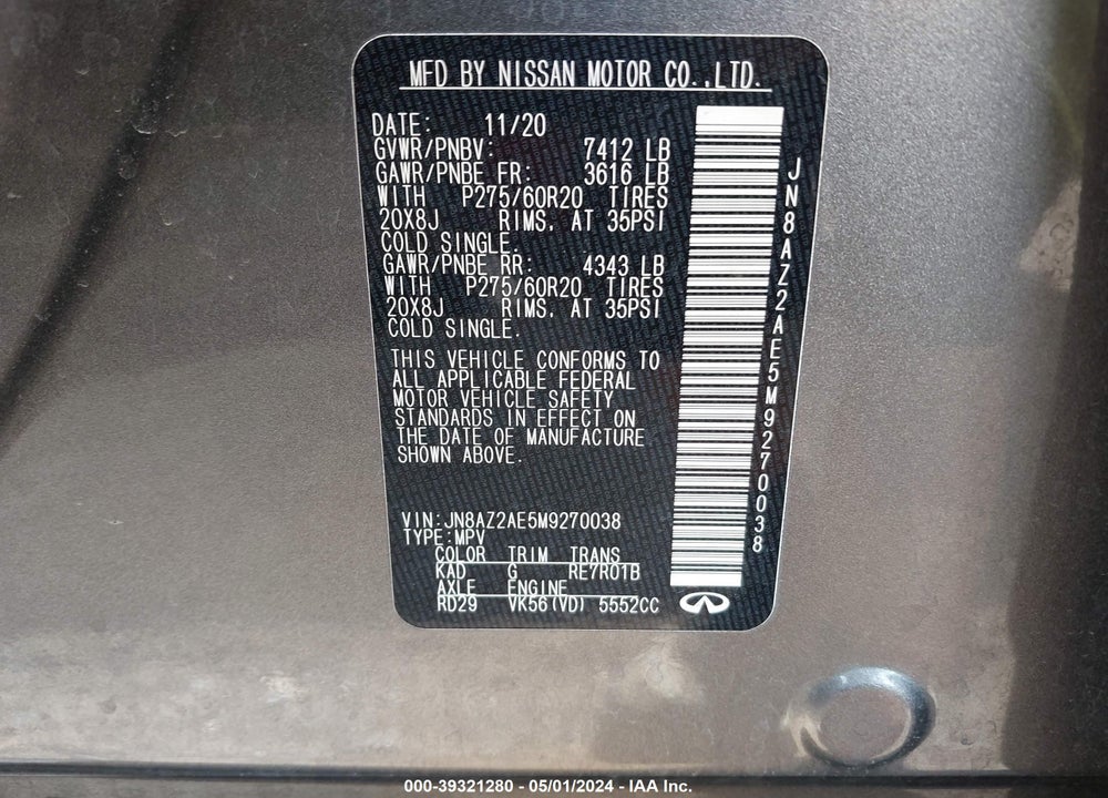 2021 INFINITI QX80 LUXE AWD VIN: JN8AZ2AE5M9270038