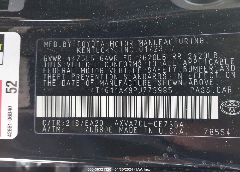 2023 TOYOTA CAMRY SE VIN: 4T1G11AK9PU773985