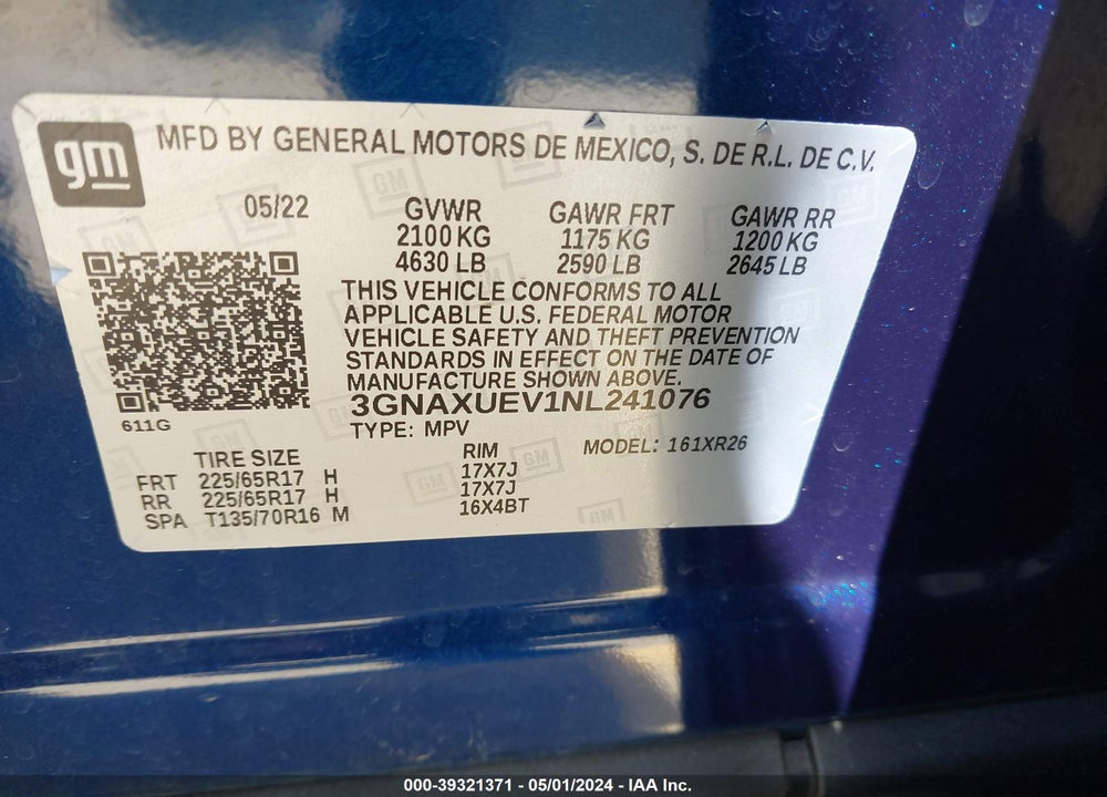 2022 CHEVROLET EQUINOX AWD LT VIN: 3GNAXUEV1NL241076