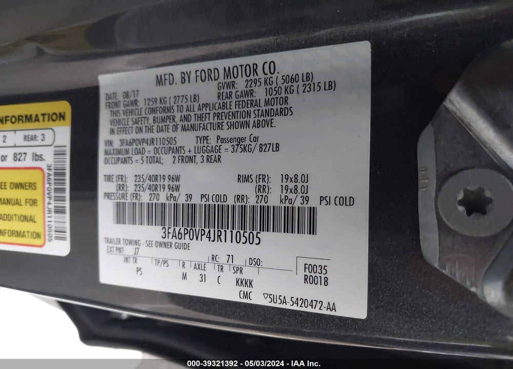2018 FORD FUSION SPORT VIN: 3FA6P0VP4JR110505