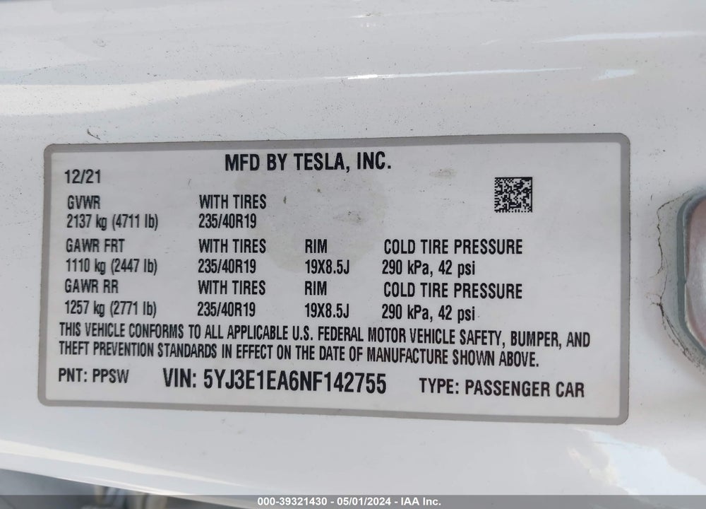 2022 TESLA MODEL 3 REAR-WHEEL DRIVE VIN: 5YJ3E1EA6NF142755