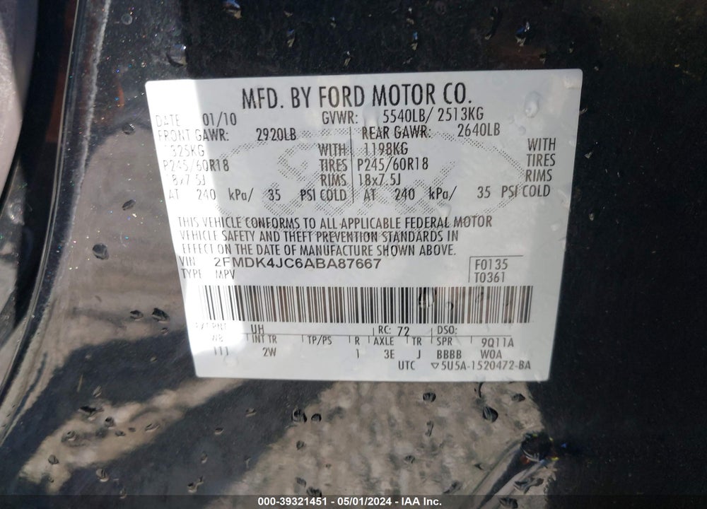 2010 FORD EDGE SEL VIN: 2FMDK4JC6ABA87667