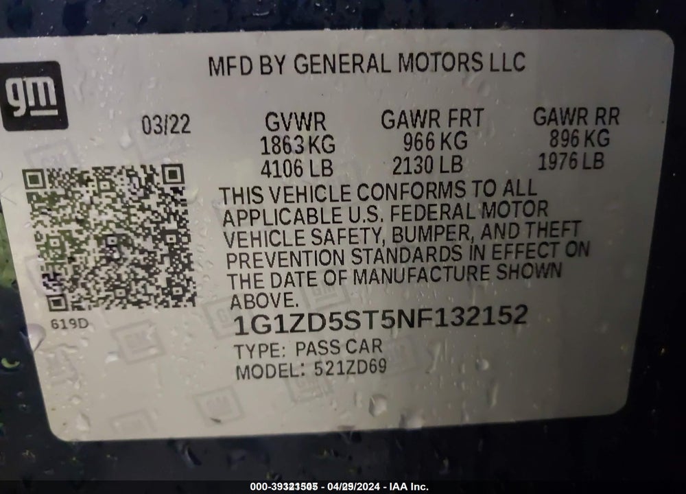 2022 CHEVROLET MALIBU FWD LT VIN: 1G1ZD5ST5NF132152