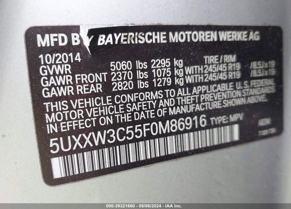 2015 BMW X4 XDRIVE28I VIN: 5UXXW3C55F0M86916