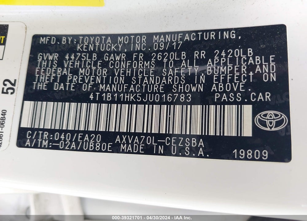 2018 TOYOTA CAMRY SE VIN: 4T1B11HK5JU016783