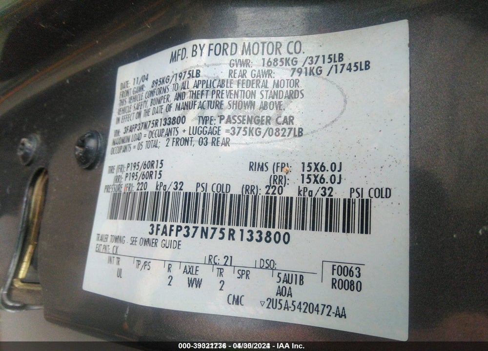 2005 FORD FOCUS ZX5 VIN: 3FAFP37N75R133800