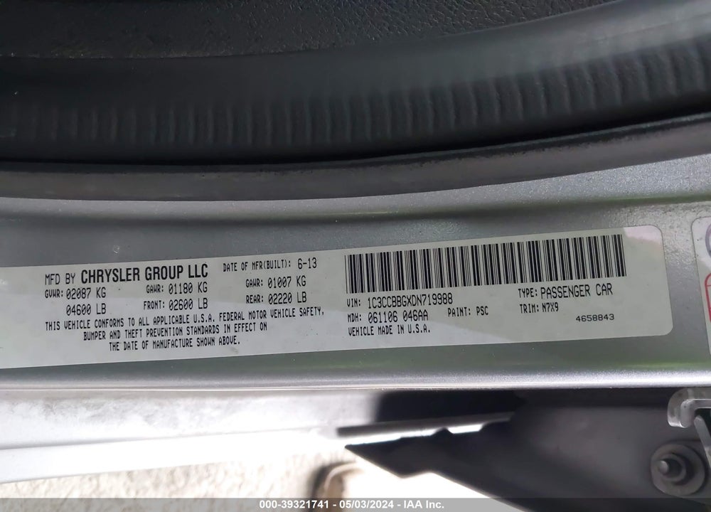 2013 CHRYSLER 200 TOURING VIN: 1C3CCBBGXDN719988