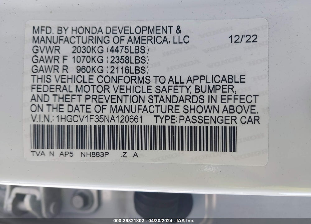 2022 HONDA ACCORD VIN: 1HGCV1F35NA120661