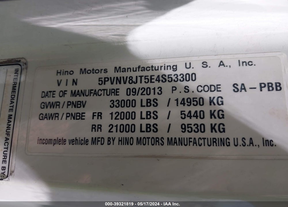 2014 HINO 338 VIN: 5PVNV8JT5E4S53300