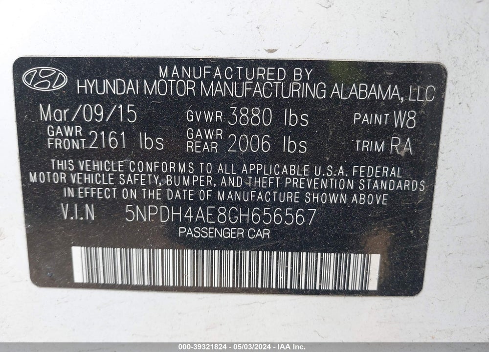 2016 HYUNDAI ELANTRA SE VIN: 5NPDH4AE8GH656567