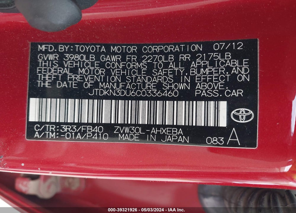 2012 TOYOTA PRIUS TWO VIN: JTDKN3DU6C0336460