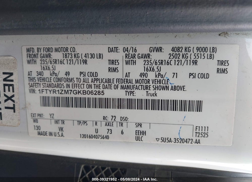2016 FORD TRANSIT-250 VIN: 1FTYR1ZM7GKB06285