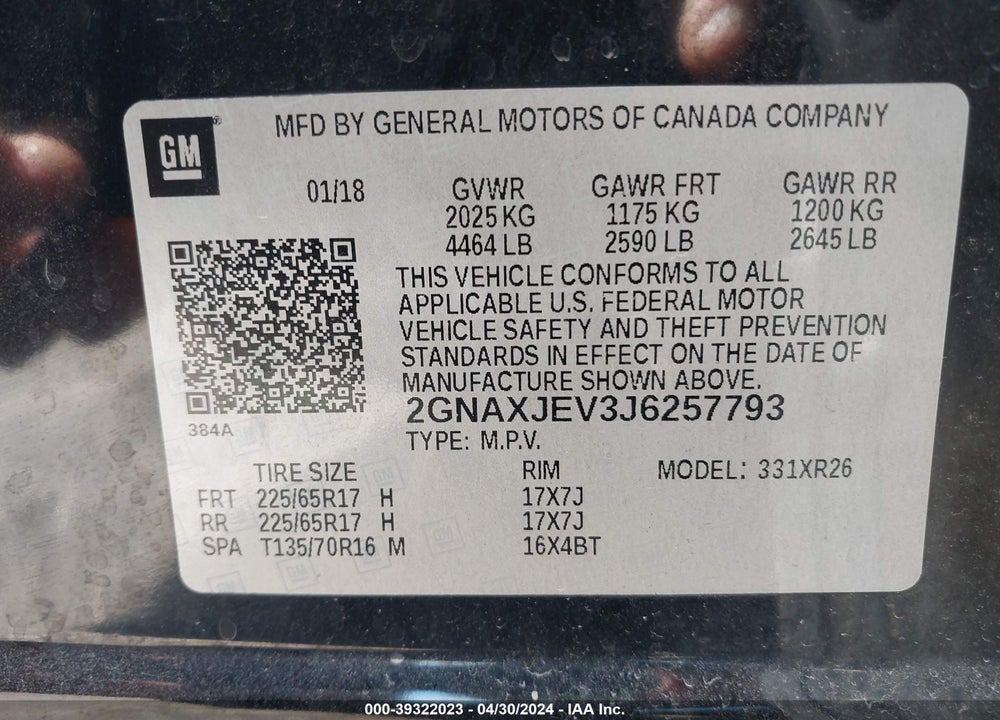 2018 CHEVROLET EQUINOX LT VIN: 2GNAXJEV3J6257793