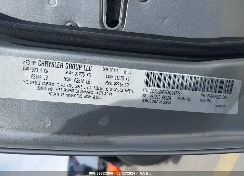 2012 CHRYSLER 300 VIN: 2C3CCAAG0CH104739