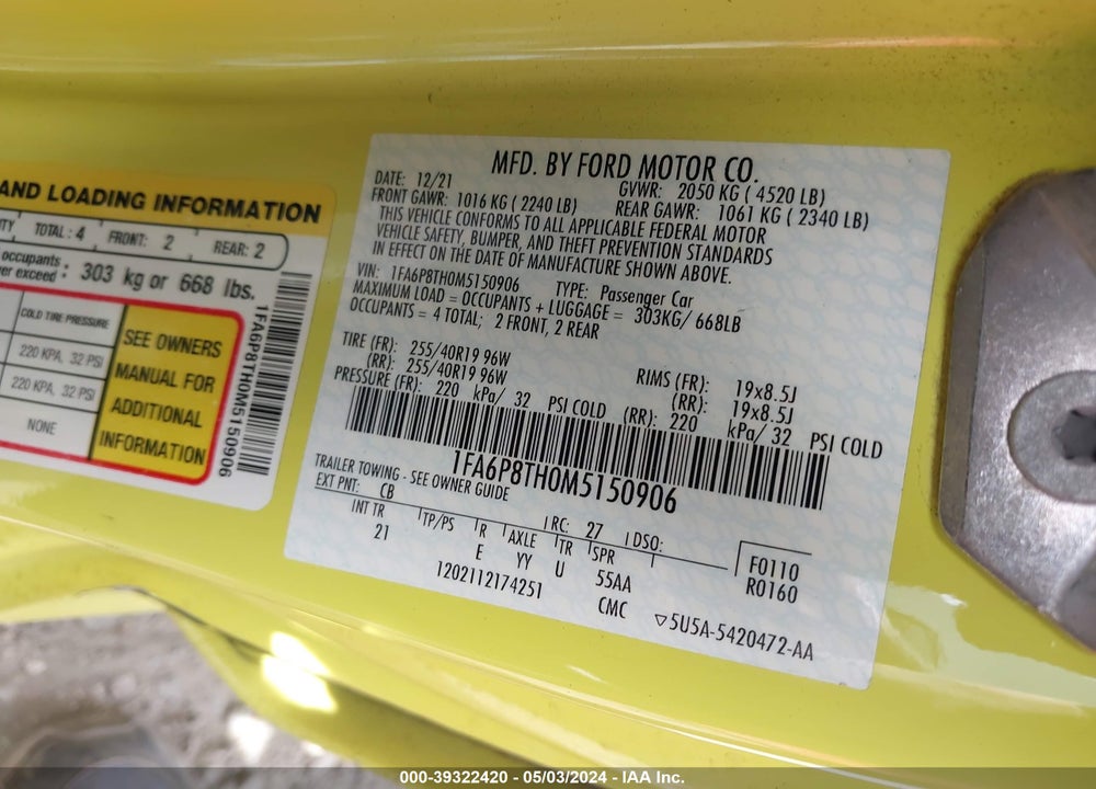 2021 FORD MUSTANG ECOBOOST FASTBACK VIN: 1FA6P8TH0M5150906