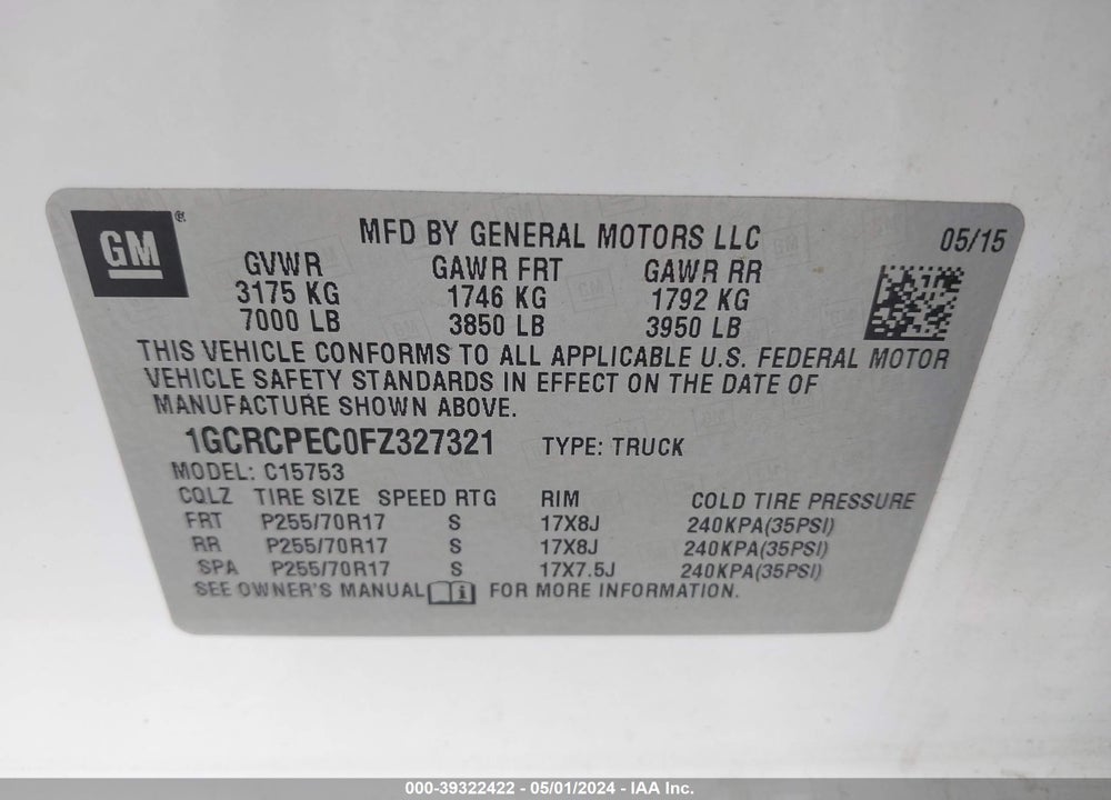 2015 CHEVROLET SILVERADO 1500 WT VIN: 1GCRCPEC0FZ327321