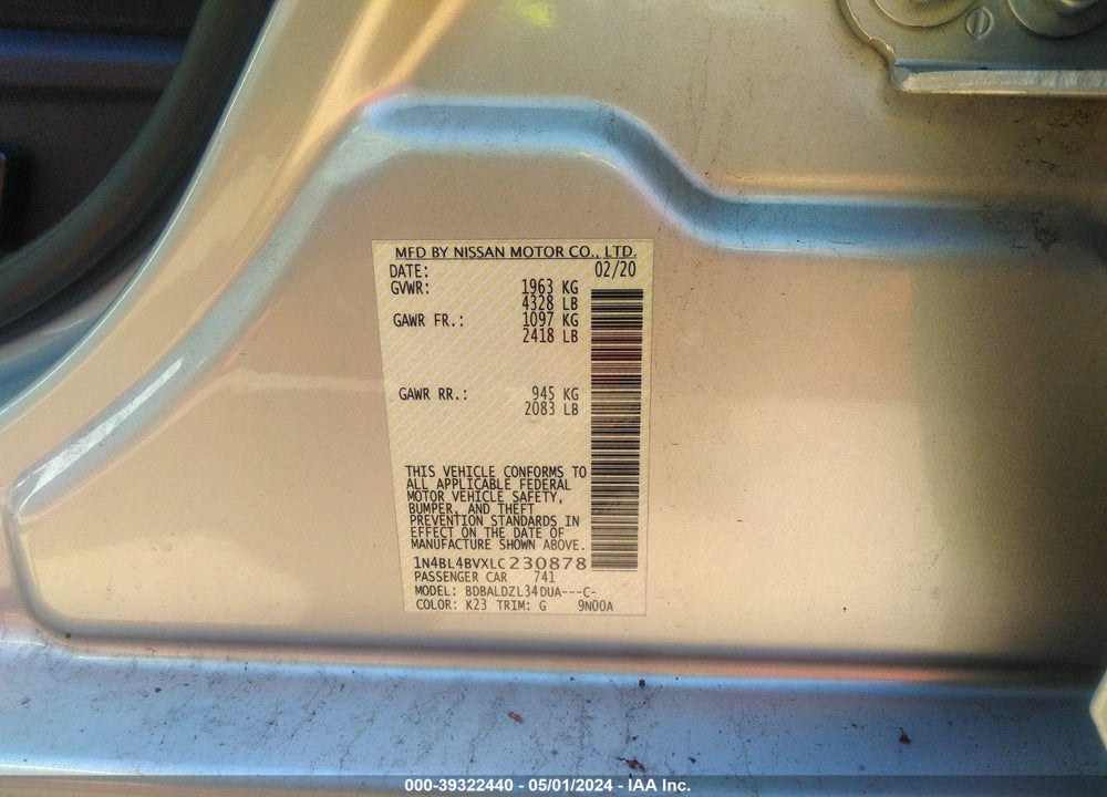 2020 NISSAN ALTIMA VIN: 1N4BL4BVXLC230878