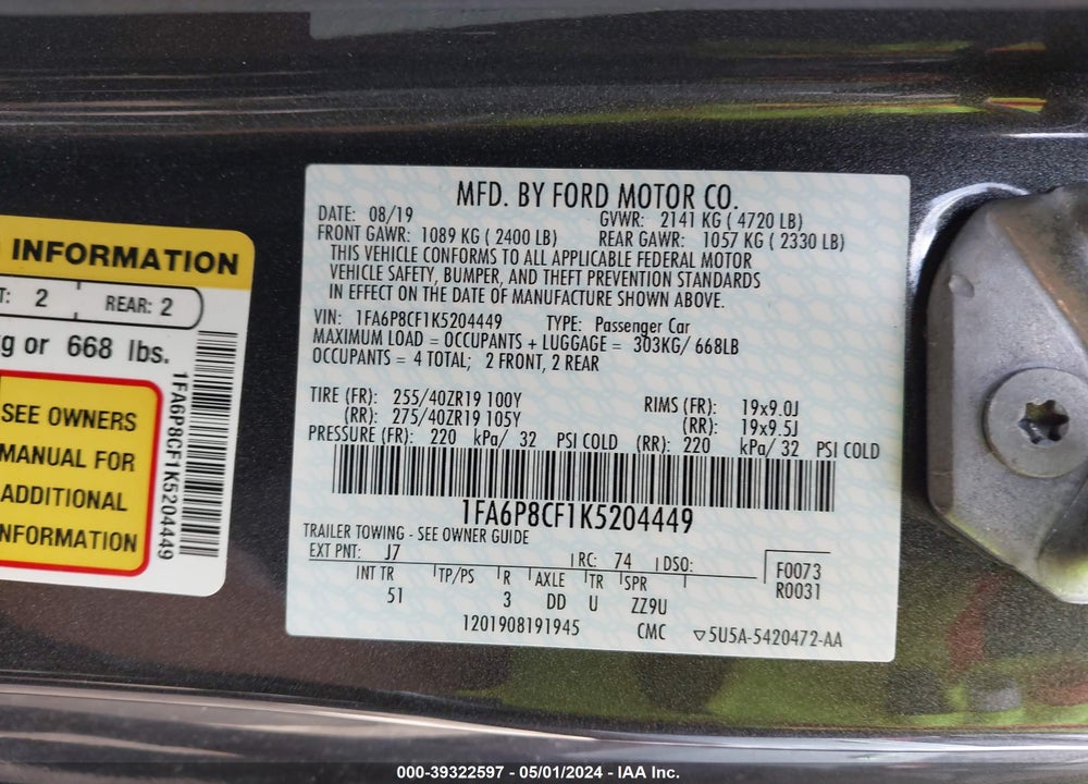 2019 FORD MUSTANG GT PREMIUM VIN: 1FA6P8CF1K5204449