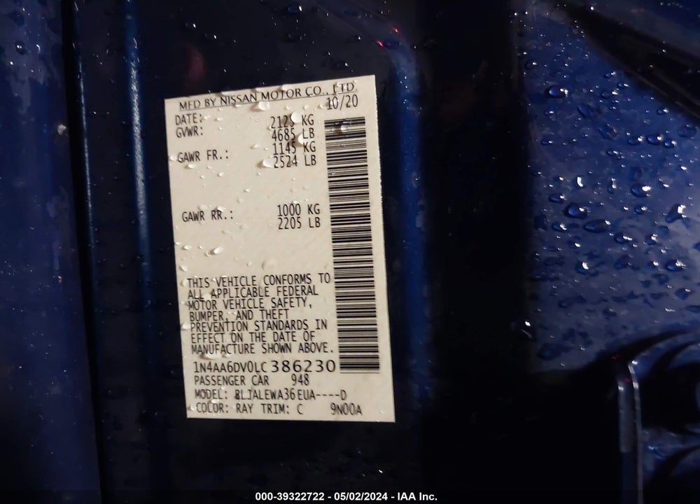 2020 NISSAN MAXIMA SL XTRONIC CVT VIN: 1N4AA6DV0LC386230