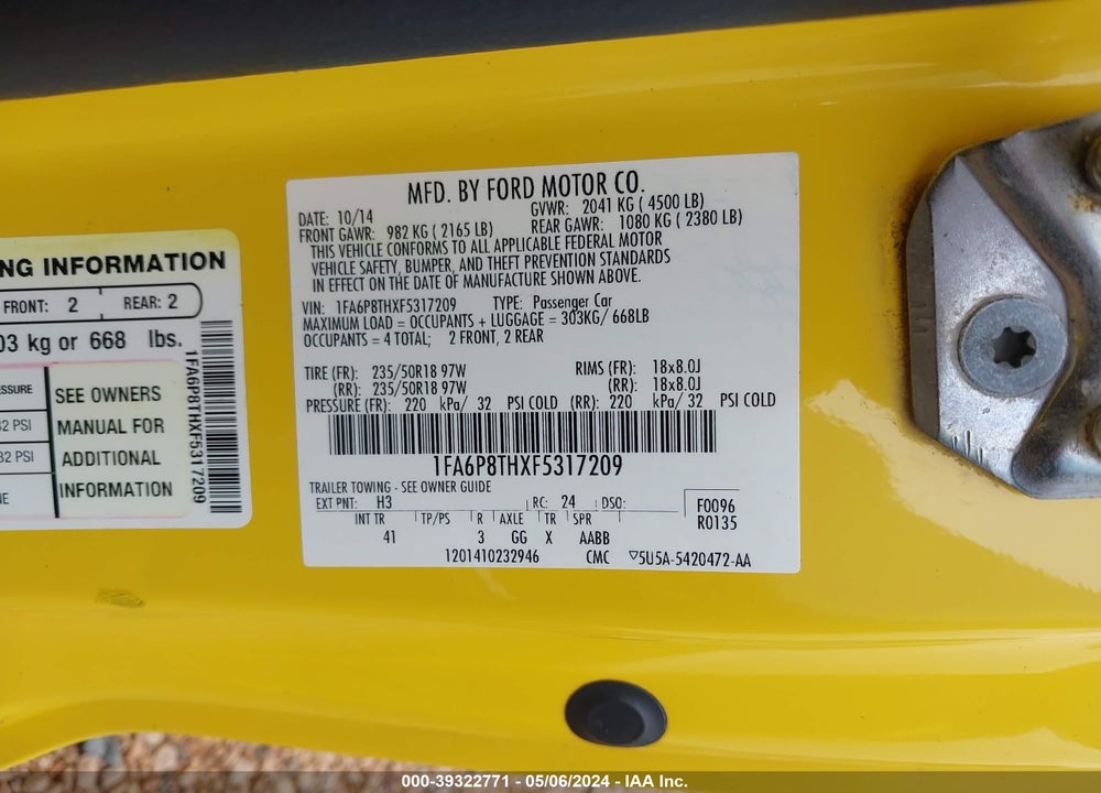 2015 FORD MUSTANG ECOBOOST VIN: 1FA6P8THXF5317209
