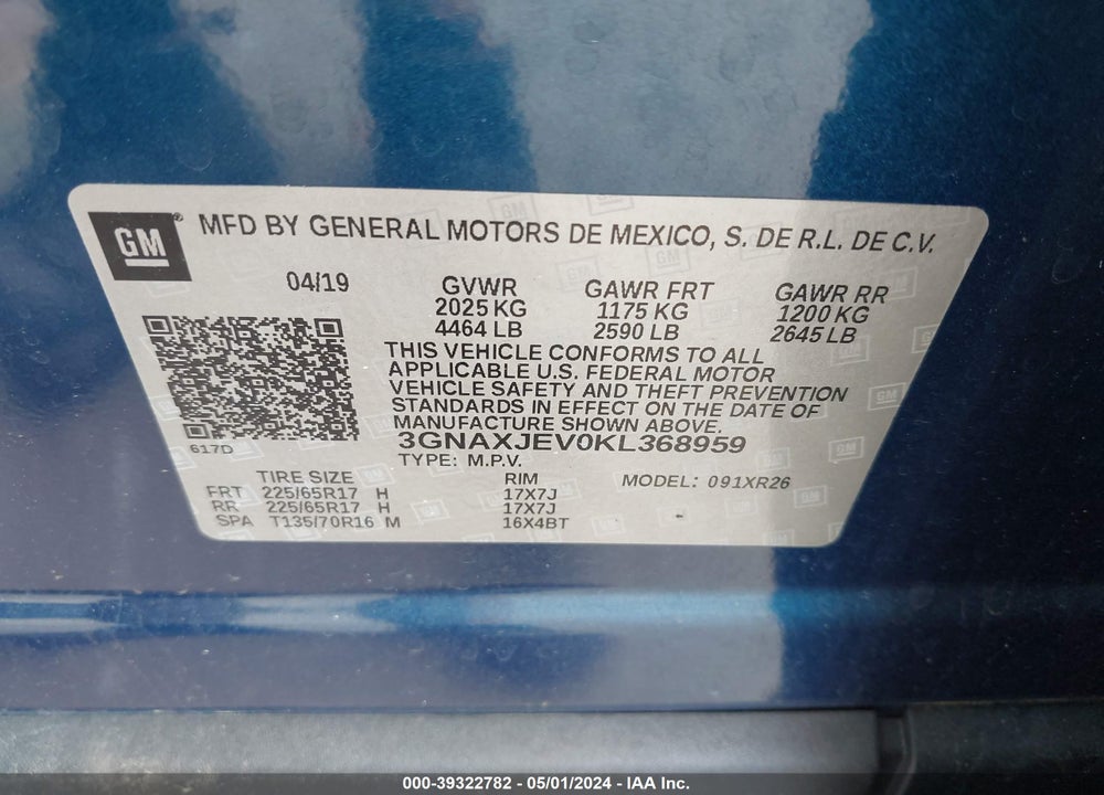 2019 CHEVROLET EQUINOX LT VIN: 3GNAXJEV0KL368959