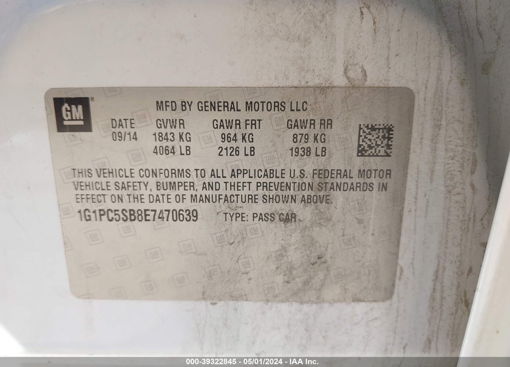 2014 CHEVROLET CRUZE 1LT AUTO VIN: 1G1PC5SB8E7470639