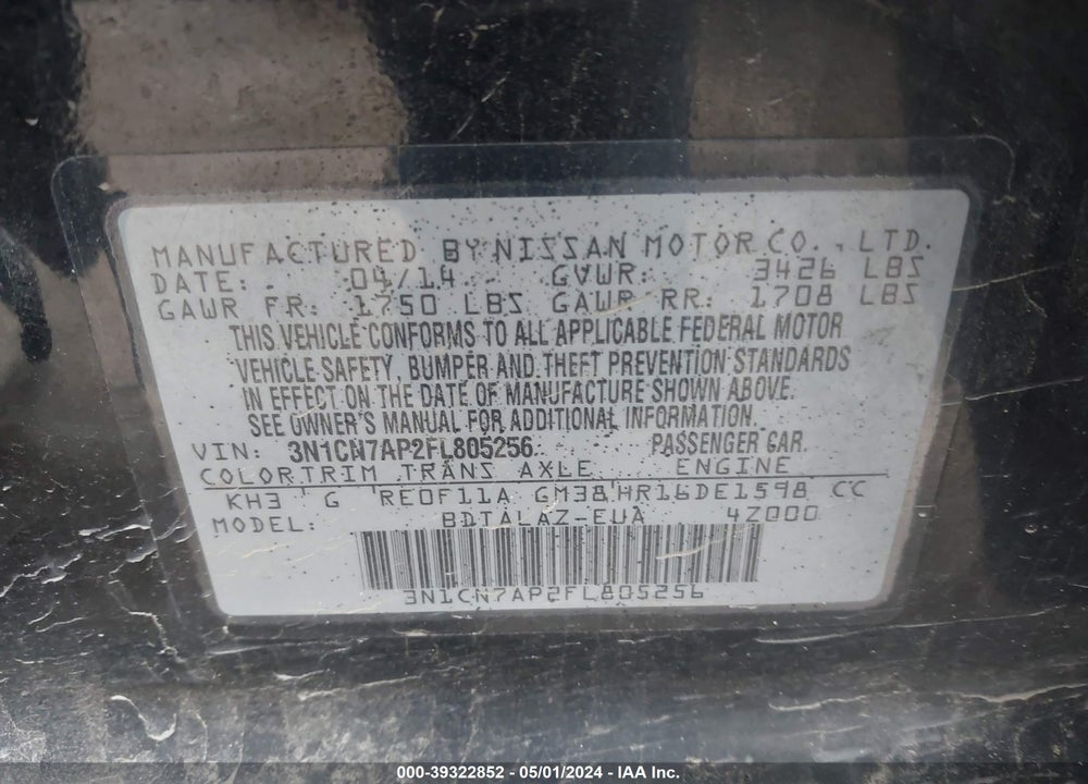 2015 NISSAN VERSA 1.6 S+ VIN: 3N1CN7AP2FL805256