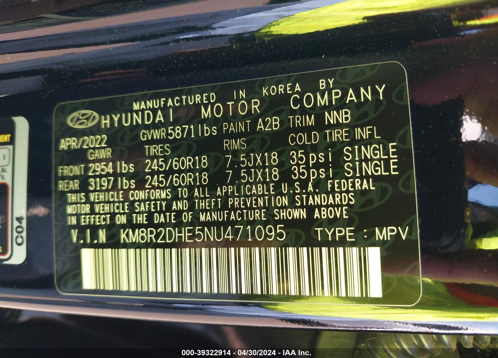 2022 HYUNDAI PALISADE SEL VIN: KM8R2DHE5NU471095