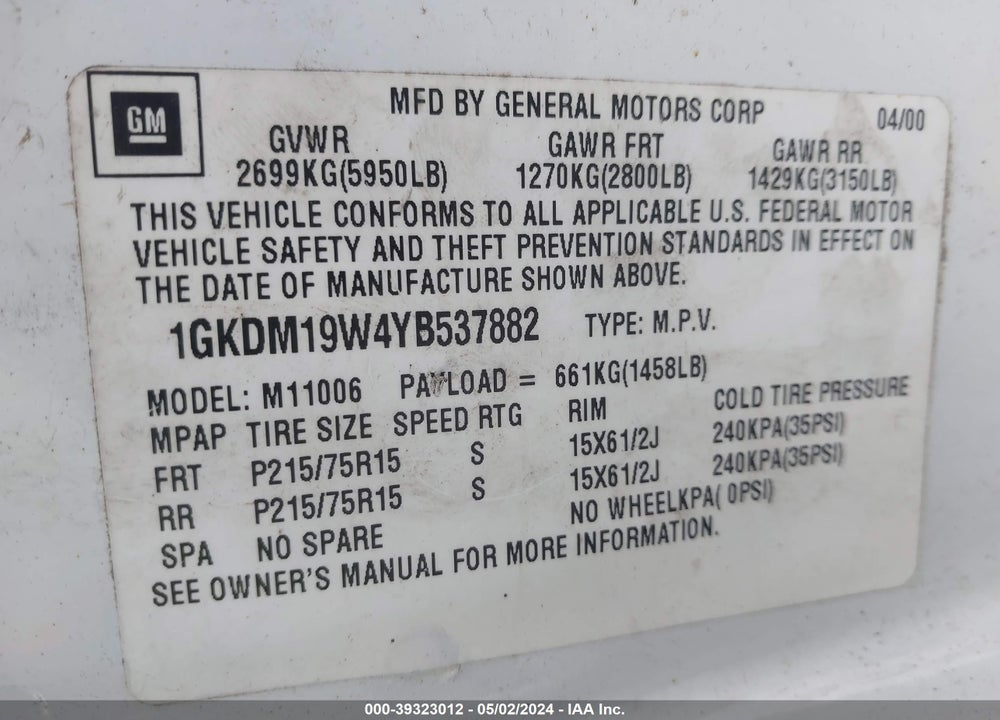 2000 GMC SAFARI SL VIN: 1GKDM19W4YB537882
