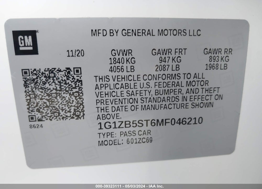 2021 CHEVROLET MALIBU FWD LS VIN: 1G1ZB5ST6MF046210