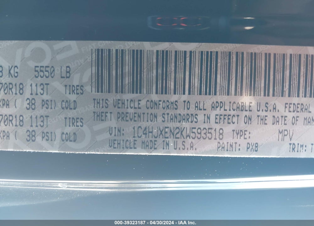 2019 JEEP WRANGLER UNLIMITED SAHARA ALTITUDE 4X4 VIN: 1C4HJXEN2KW593518