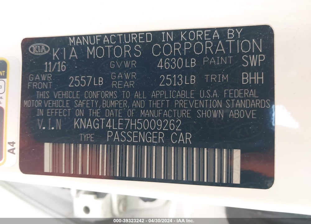 2017 KIA OPTIMA HYBRID VIN: KNAGT4LE7H5009262