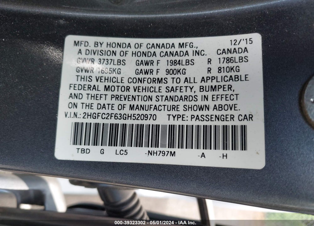 2016 HONDA CIVIC LX VIN: 2HGFC2F63GH520970