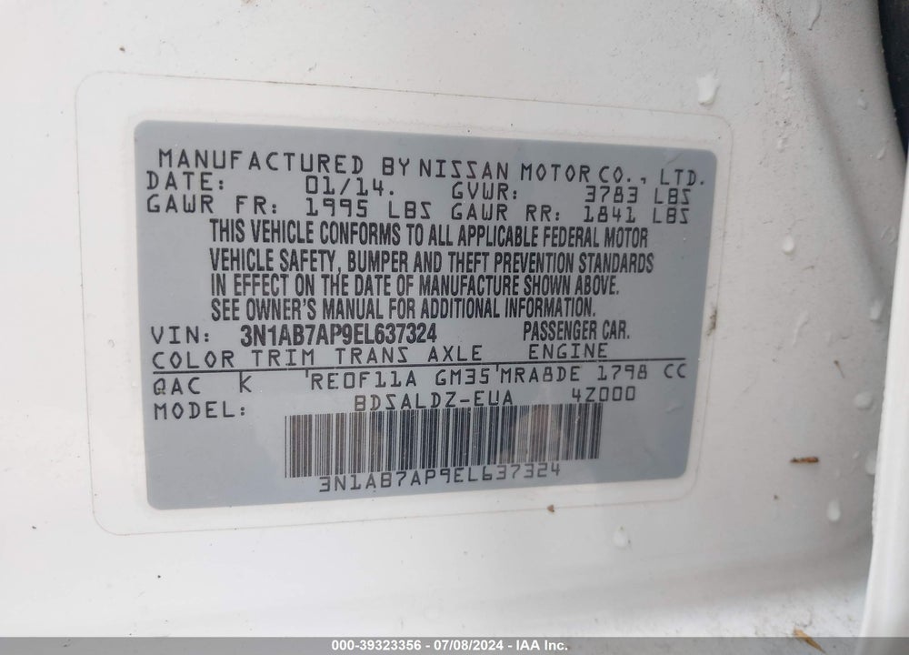 2014 NISSAN SENTRA SV VIN: 3N1AB7AP9EL637324
