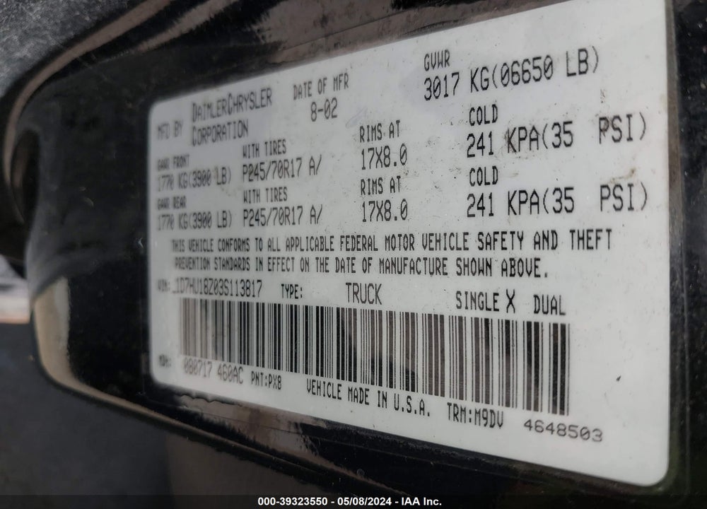 2003 DODGE RAM 1500 VIN: 1D7HU18Z03S113817