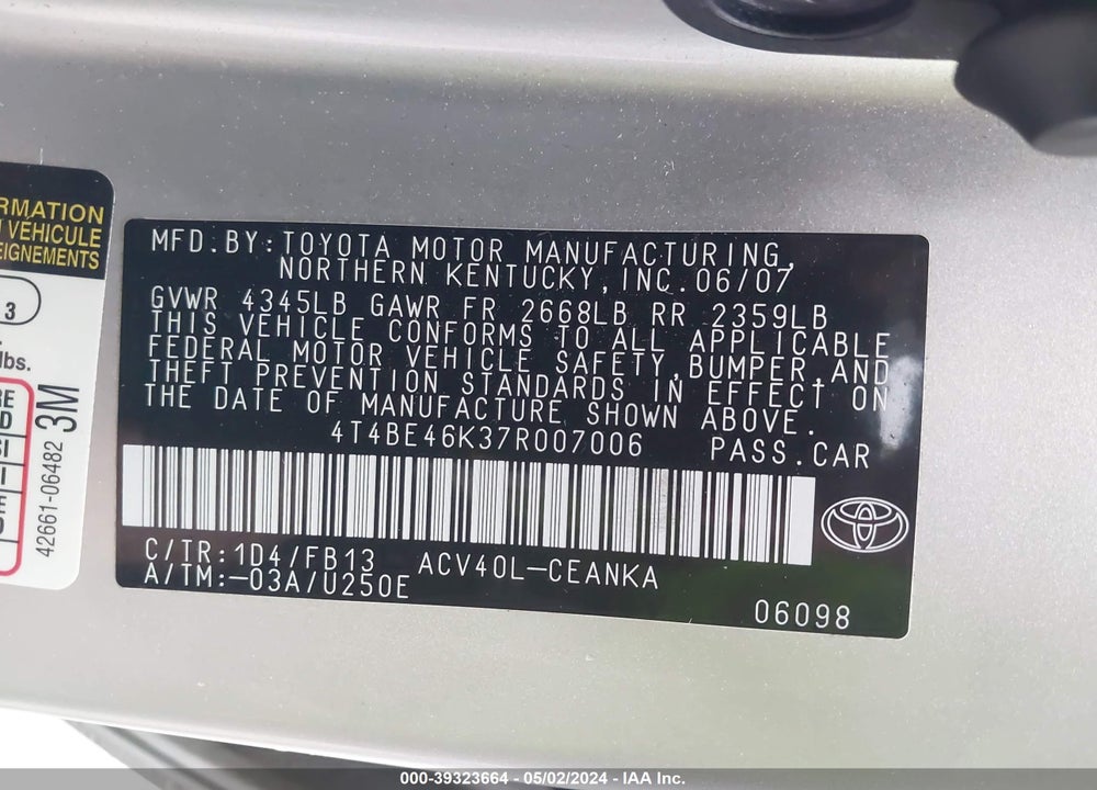 2007 TOYOTA CAMRY VIN: 4T4BE46K37R007006