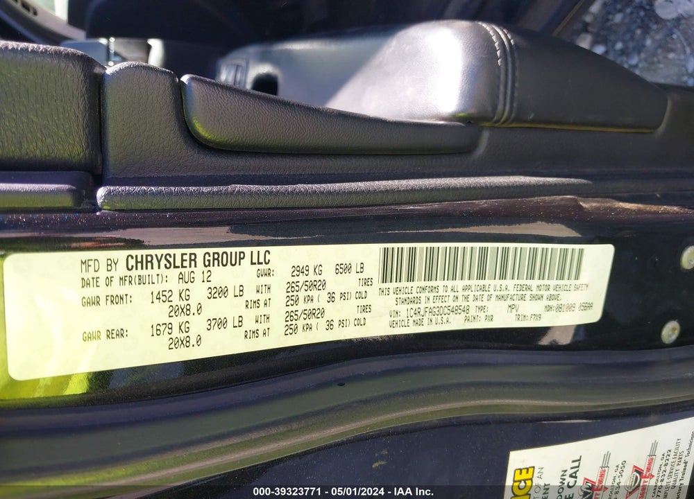 2013 JEEP GRAND CHEROKEE LAREDO VIN: 1C4RJFAG3DC548548