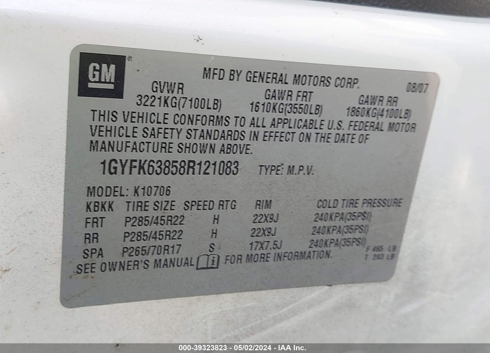 2008 CADILLAC ESCALADE STANDARD VIN: 1GYFK63858R121083