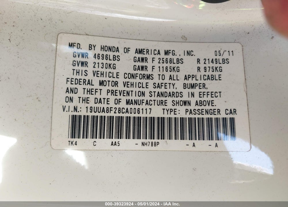 2012 ACURA TL 3.5 VIN: 19UUA8F28CA006117