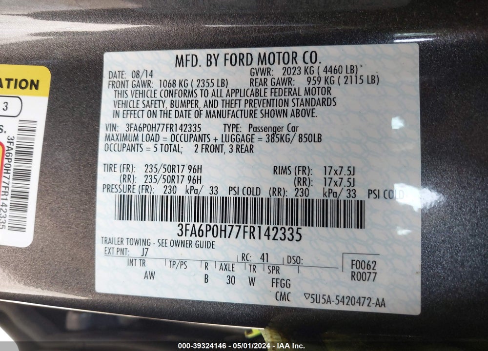 2015 FORD FUSION SE VIN: 3FA6P0H77FR142335