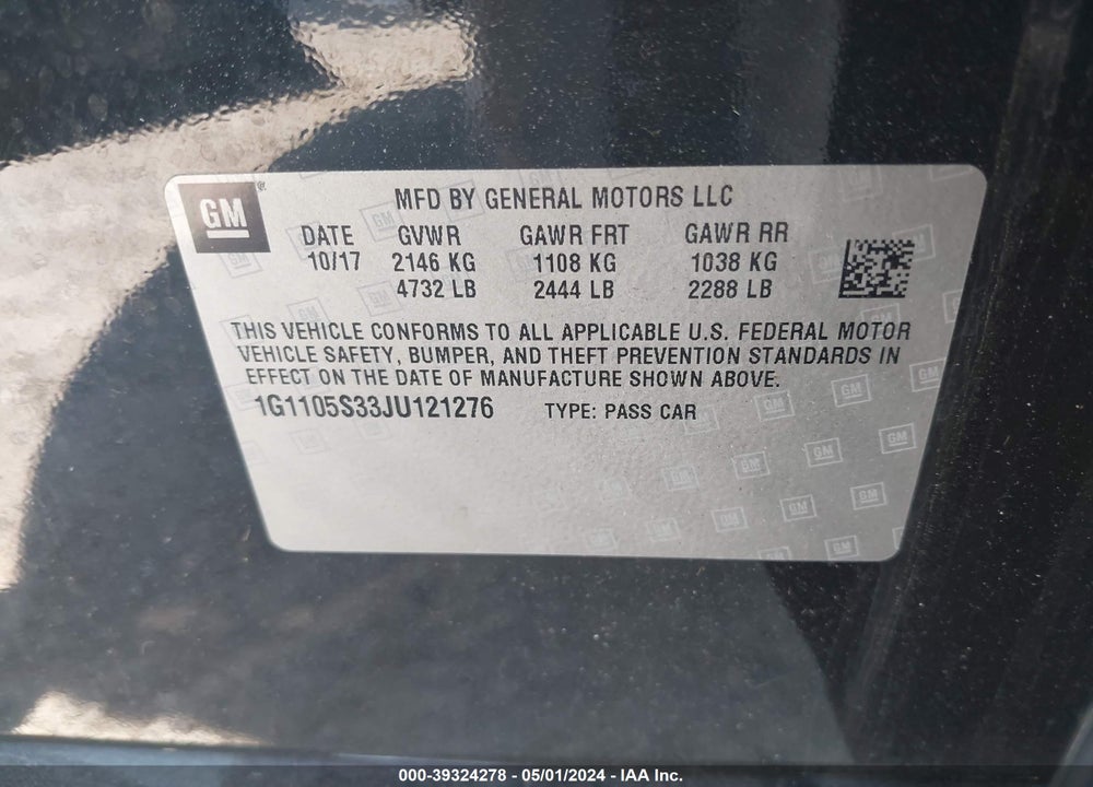2018 CHEVROLET IMPALA 1LT VIN: 1G1105S33JU121276