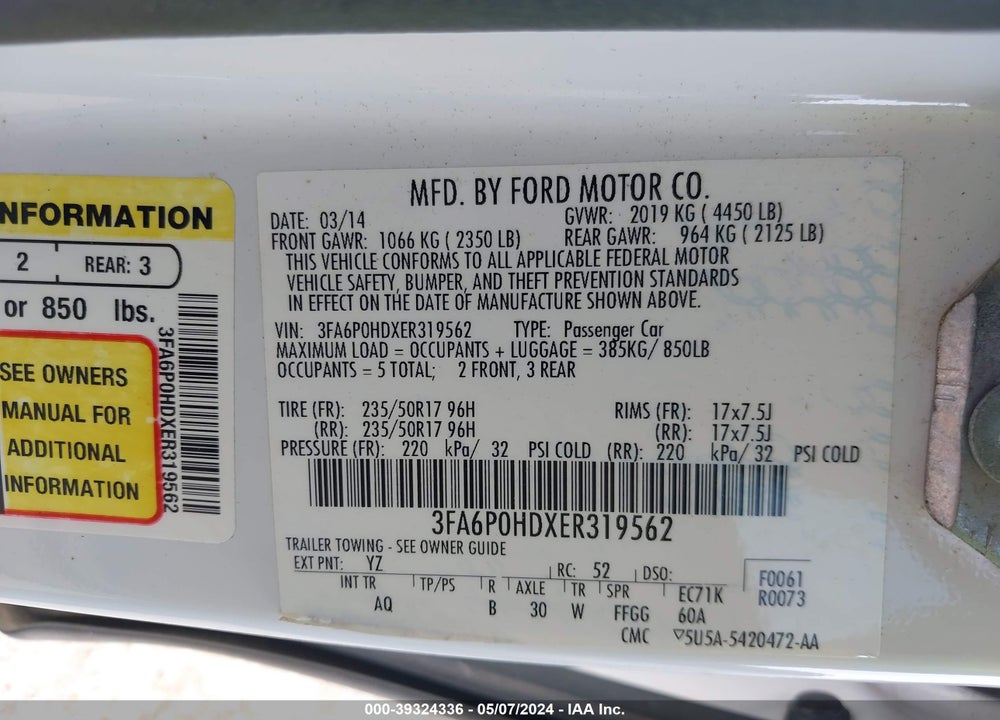 2014 FORD FUSION VIN: 3FA6P0HDXER319562