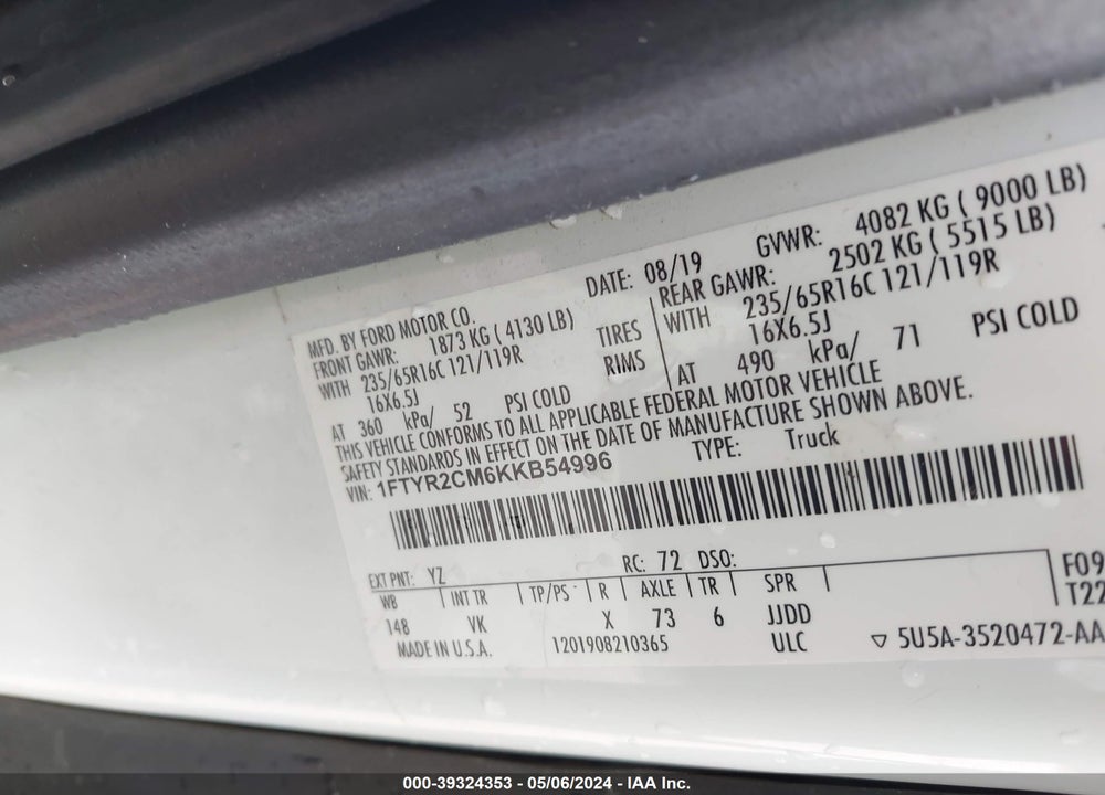 2019 FORD TRANSIT-250 VIN: 1FTYR2CM6KKB54996