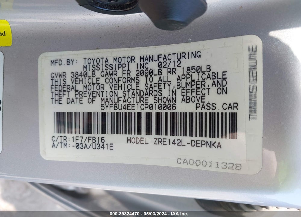 2012 TOYOTA COROLLA LE VIN: 5YFBU4EE1CP010006