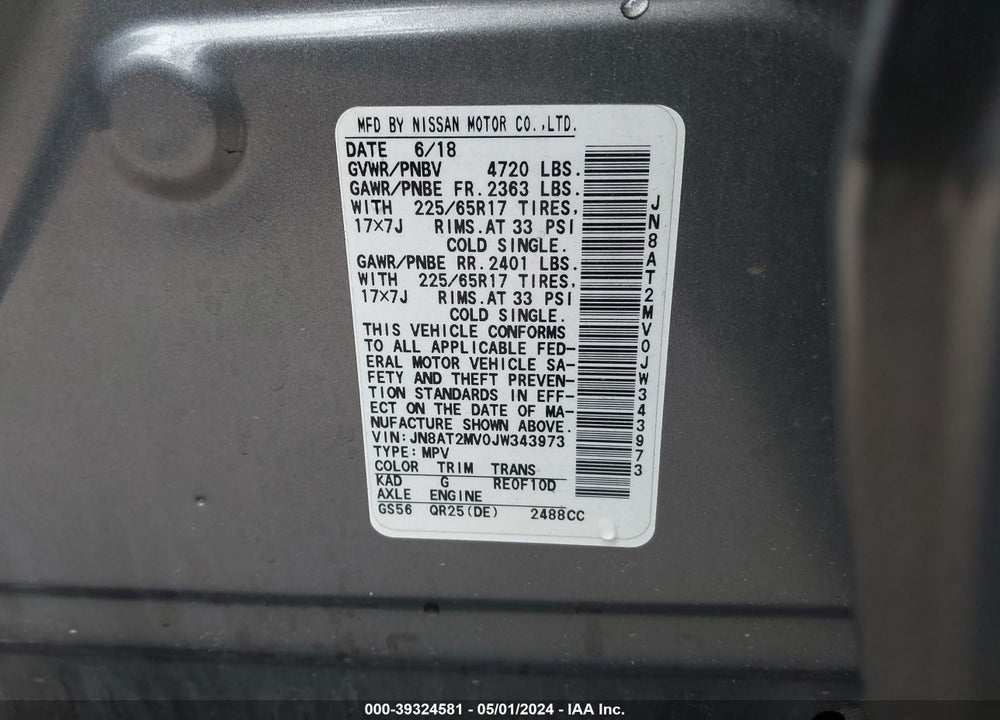 2018 NISSAN ROGUE SV VIN: JN8AT2MV0JW343973